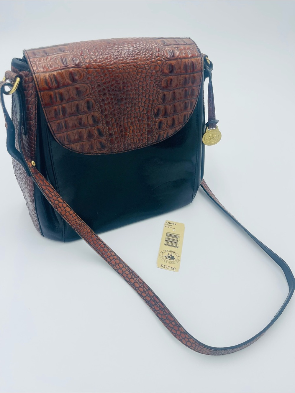 Vintage Brahmin Oakland black Tuscan Brown Croc-Accent Leather Crossbody Bag